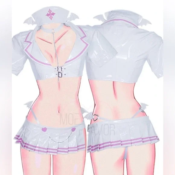 Moe Flavor White and Pink LATEX SUCCUBUS NURSE Halloween costume - Picture 2 of 7